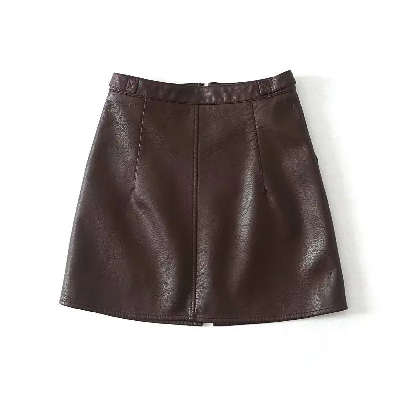 High Waist Slim Zipper A-Line PU Leather Mini Skirt
