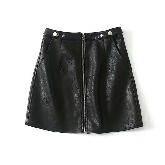 High Waist Slim Zipper A-Line PU Leather Mini Skirt